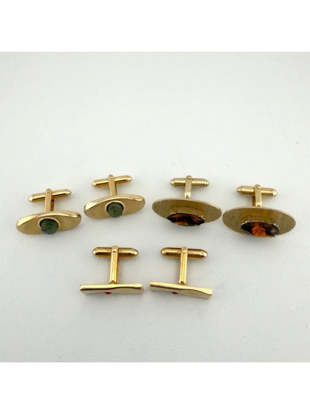 Vintage Swank Cufflinks Set of 3 Gold Tone Stone Glass Mid Century